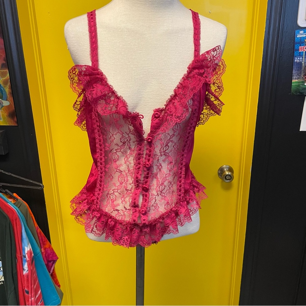 Vintage Red Pink Fuchsia Lace Romper Size Medium